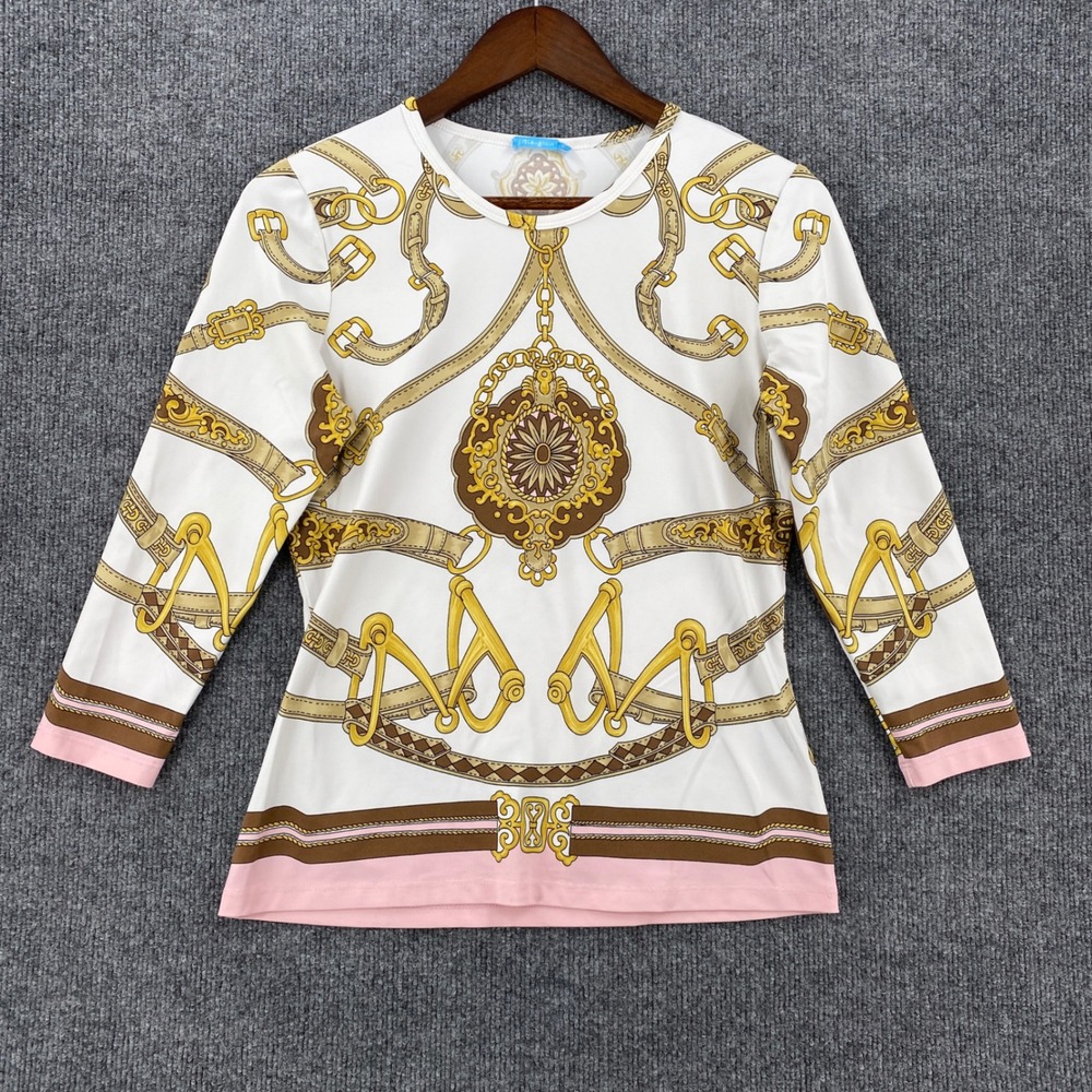 J.McLaughlin Chain Print Top Womens Small White Pink Equestrian Preppy Chic
